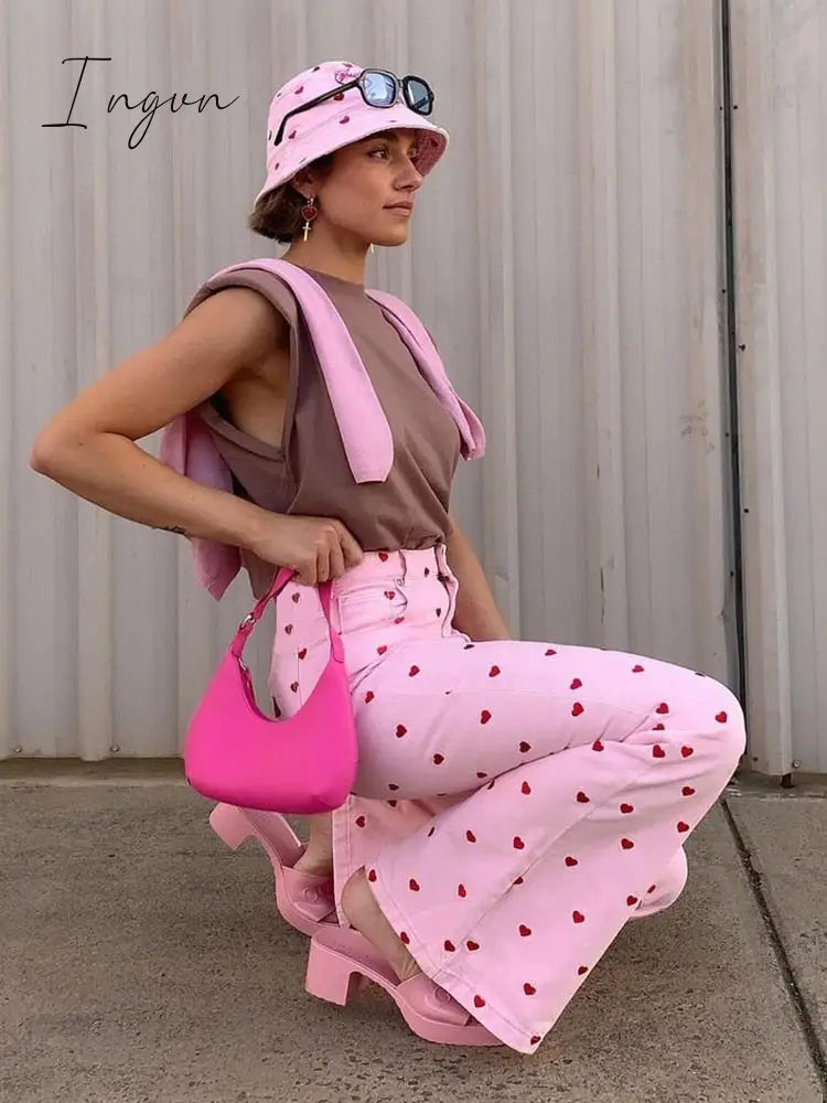 Ingvn - 2023 Fashion Trends Y2K Pink Pants Heart Printed Sweet Trousers Vintage Aesthetic Party Pants Pockets Joggers Festival Outfits Women New