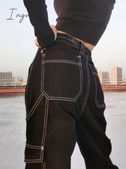 Ingvn - Womens Fashion Trends Pockets Patchwork Baggy Jeans Fashion Streetwear 100% Cotton Women Denim Trouser Loose Cargo Pants Korean Jeans Harajuku