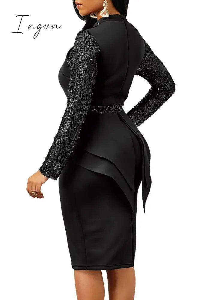 Ingvn - New arrival spring sexy lady 3 colors mid dress zipper fly ruffles bud dress full sleeve slivers office lady new dress