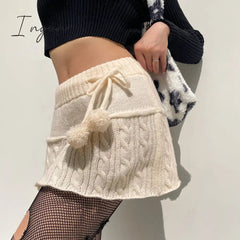 Ingvn - Knitted Low Waist Y2K Short Skirt Preppy Style Cute Girl Streetwear Aesthetic Fairycore Drawstring Womens Skirts