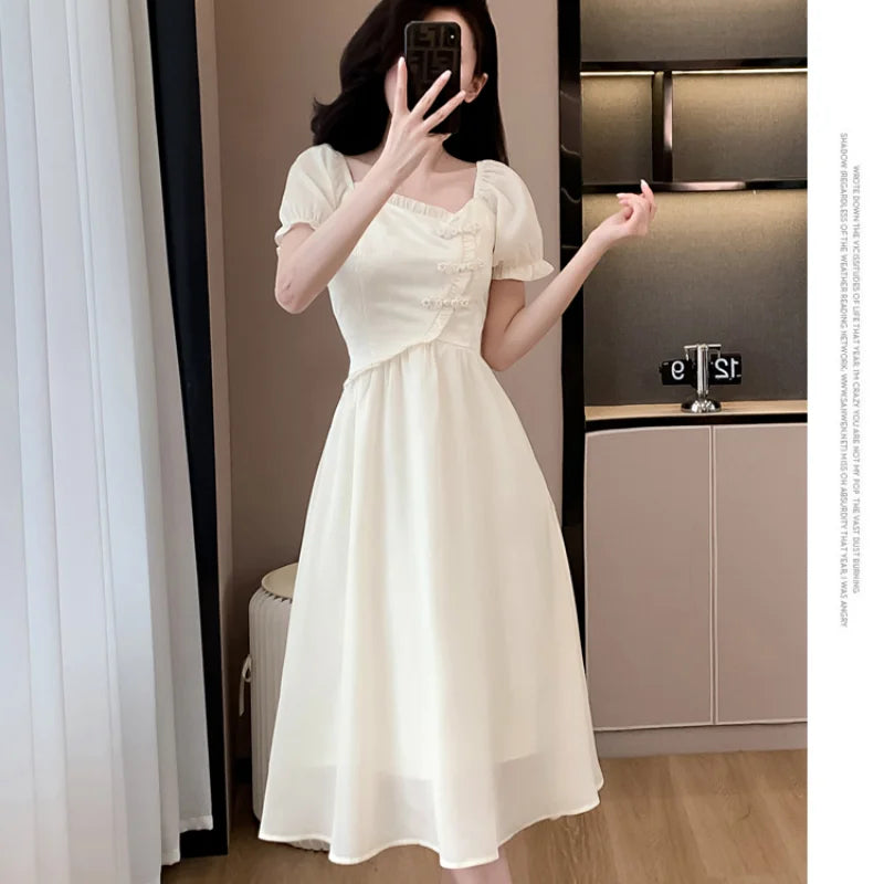 Vintage Chiffon Midi Dresses for Women  Summer New Elegant Chic Simple Fashions Slim Casual Sweet Female Clothing