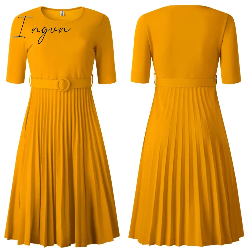 Ingvn - African Style Women Casual Belted Pleated Dress Elegant Chic Office Lady A-Line High Waist Dress Autumn Winter Fashion