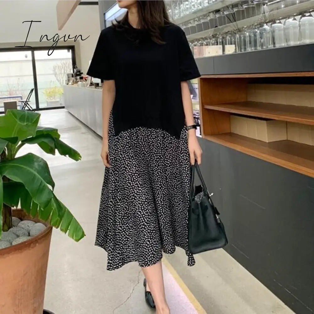 Ingvn - Autumn Women Plus Size XL-5XL Ladies Long Sleeve T-Shirt Dress Patchwork Print Robe Fake Two Piece Dress D08108R