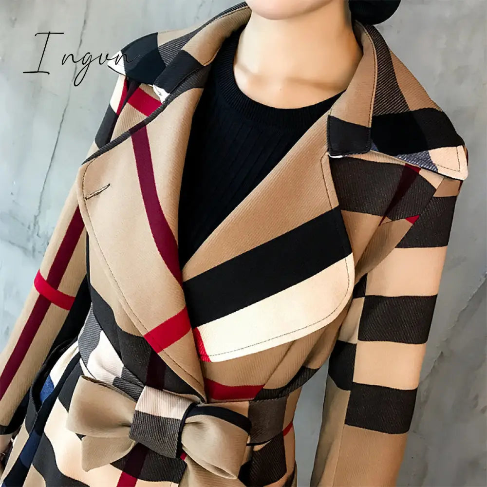 Ingvn - Thickened autumn and winter new women's lapels in the long simple color matching retro plaid coat temperament windbreaker