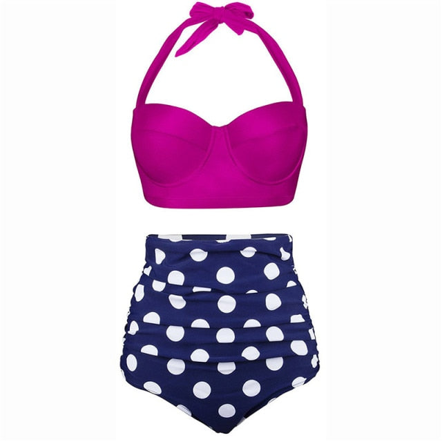 Women Swimsuits Vintage Bandeau Push Up Polka Dot Plus Size Bathing Suits High Waisted Bikini