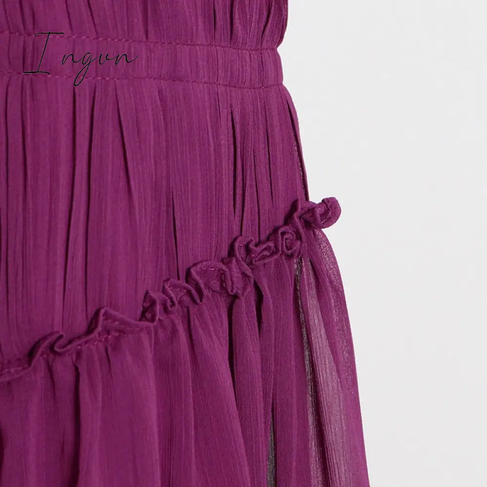 Ingvn - 2023 Summer Women Chiffon Midi Dress Party Stand Collar Sleeveless Pleated Waist Elegant Lady Ruched Floral Long Dress Ruffle