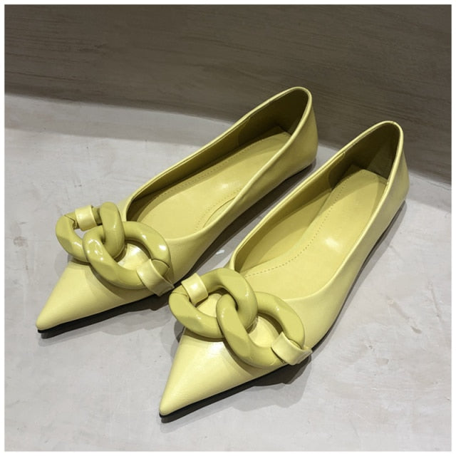INGVN   Brand Design Chain Buckle Flat Shoes Women Flat Heel Ballet Pointed Toe Slip On Female Ballerina Casual Loafers