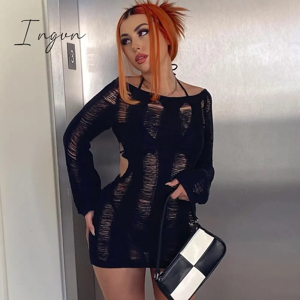 Ingvn - Fashion Trends Round Collar See Through Dress Women Sexy Long Sleeve Elegant Beachwear Hollow Out Backless Knitted Female Dress Summer