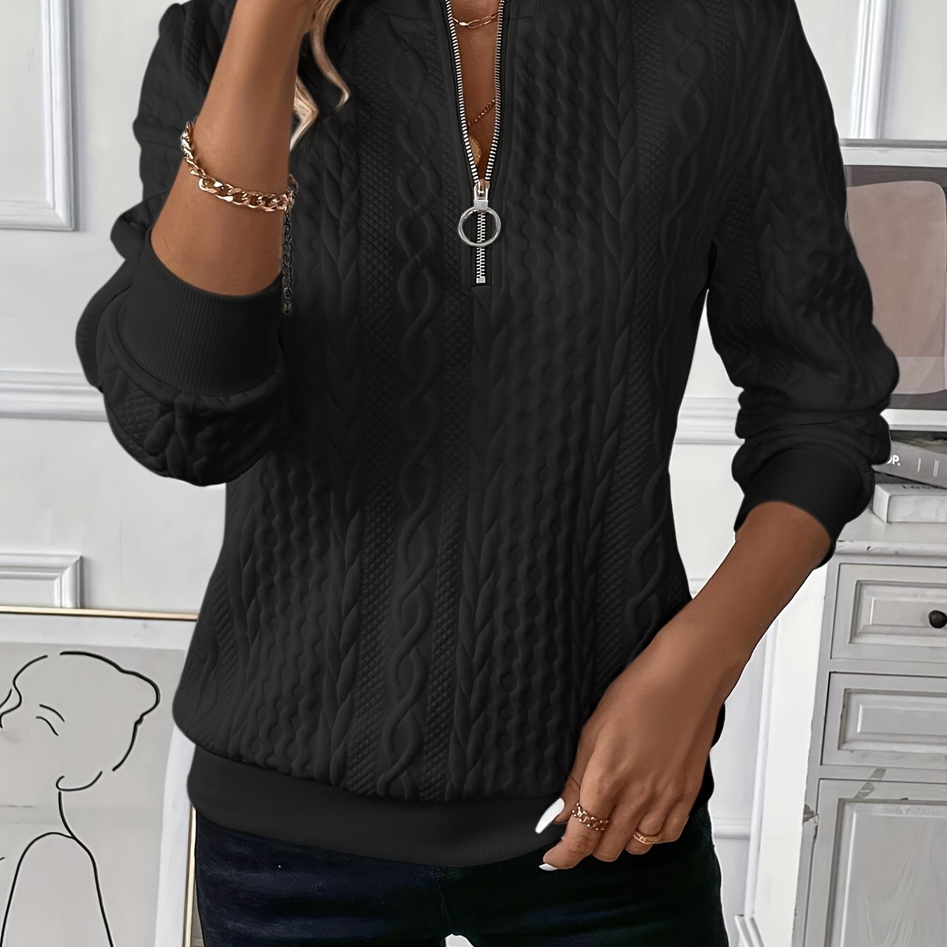 Quarter Zip Pullover Sweatshirt, Casual Long Sleeve Textured Sweatshirt For Fall & Winter, Women's Clothing