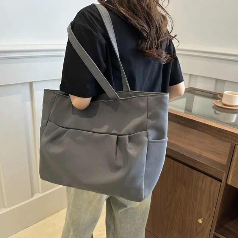 Ingvn  Casual Early Autumn Women Nylon Large Capacity Smooth Shoulder Bag Commuter Supple Solid Colour Ruched Outer Pocket Handle Bag
