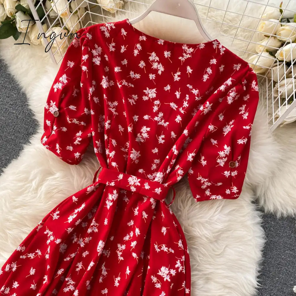 Ingvn - beach Red elegant sexy Dress women Summer Autumn V-neck polka dot midi dress waist split dress vestidos de fiesta clothes