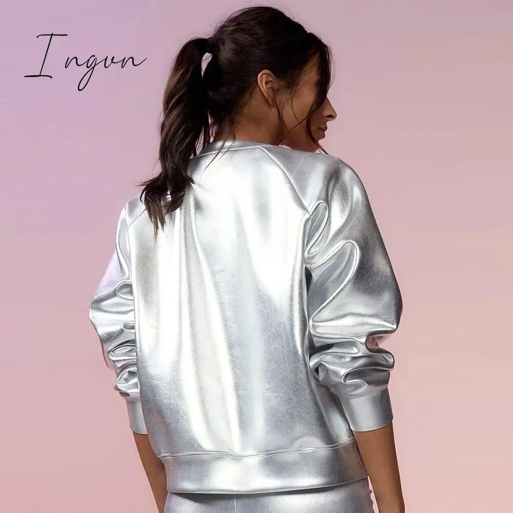 Ingvn - Women O Neck Long Sleeve Metallic Silver Pullovers Coat Sexy Casual PU Sweatshirt 2023 Spring Fall Nightclub Fairy Grunge Clothes
