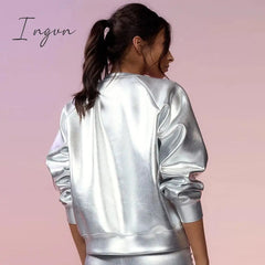 Ingvn - Women O Neck Long Sleeve Metallic Silver Pullovers Coat Sexy Casual PU Sweatshirt 2023 Spring Fall Nightclub Fairy Grunge Clothes