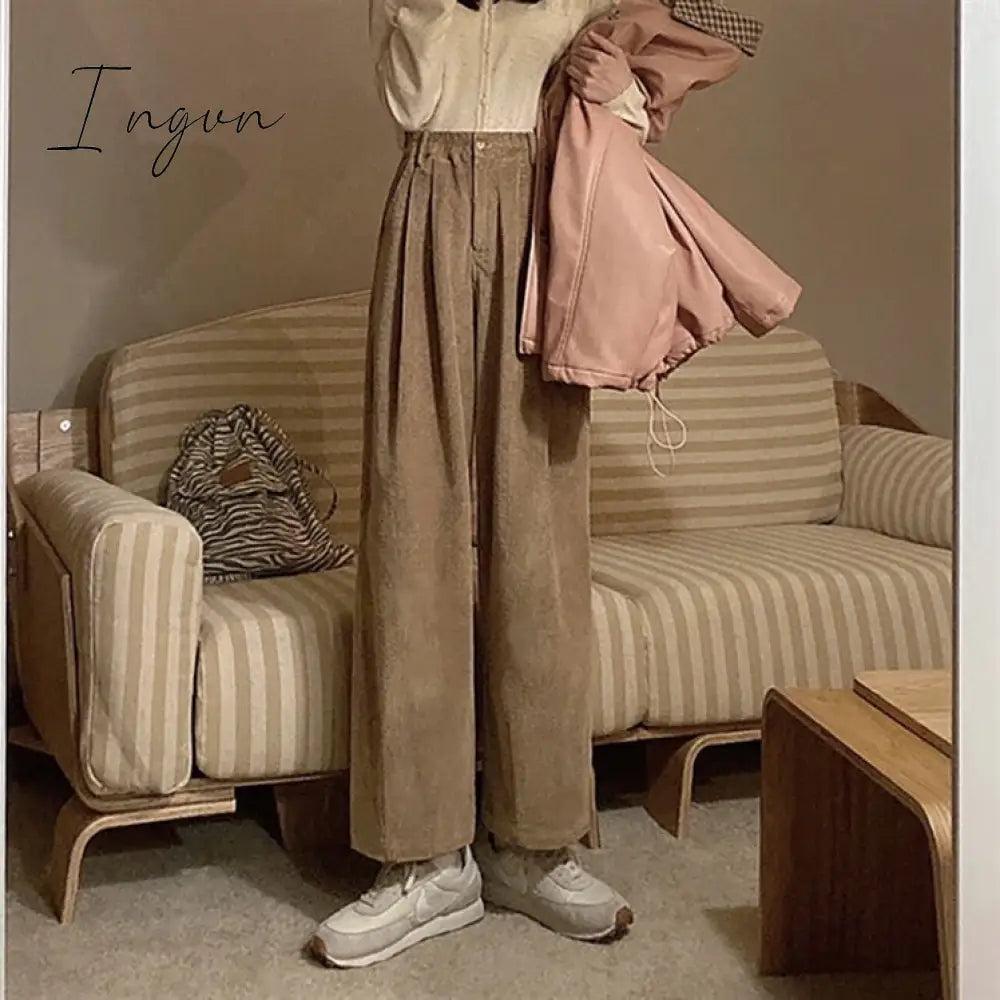 Ingvn - Ins Popular Corduroy Casual Pants Women Solid Tender Retro Wide Leg Trousers High Waist Harajuku Teenager Slouchy Simple Classic