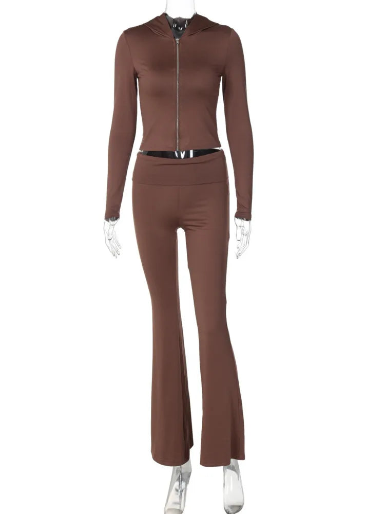 Hooded Top And Trousers Two Piece Sets Women Fashion Zipper Long Sleeve Tops And Flare Pant Female Casual Suit New