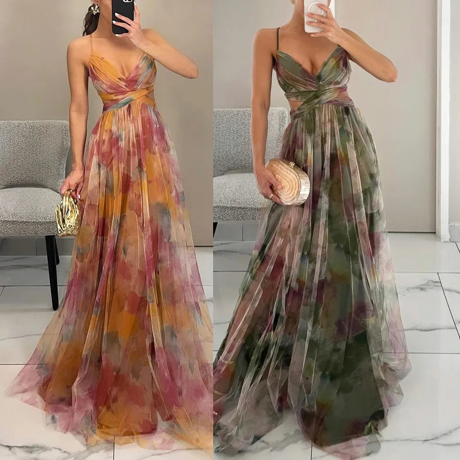 V-Neck Sexy Hollow Out Party Dress, Women Summer Loungewear Fashion Printing Maxi Dress, Sleeveless Lace-Up Ladies Dress Vestido