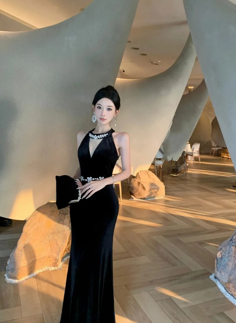Vintage Luxurious Evening Wedding Party Black Long Dresses for Women Elegant Bodycon Mesh Patchwork Velvet Prom Female Clothing