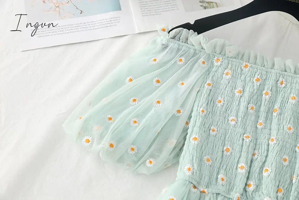 Ingvn - small daisies embroidery mesh dresses women sexy off the shoulder french vintage party ruffle dresses elegant vestidos