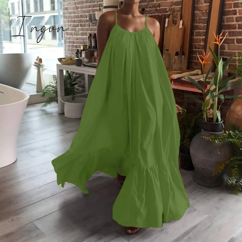Ingvn - Summer Dress Women Sexy Short Sleeve Ruffled Maxi Long Dress Casual Loose Solid Pleated Beach Vestido Robe Plus Size