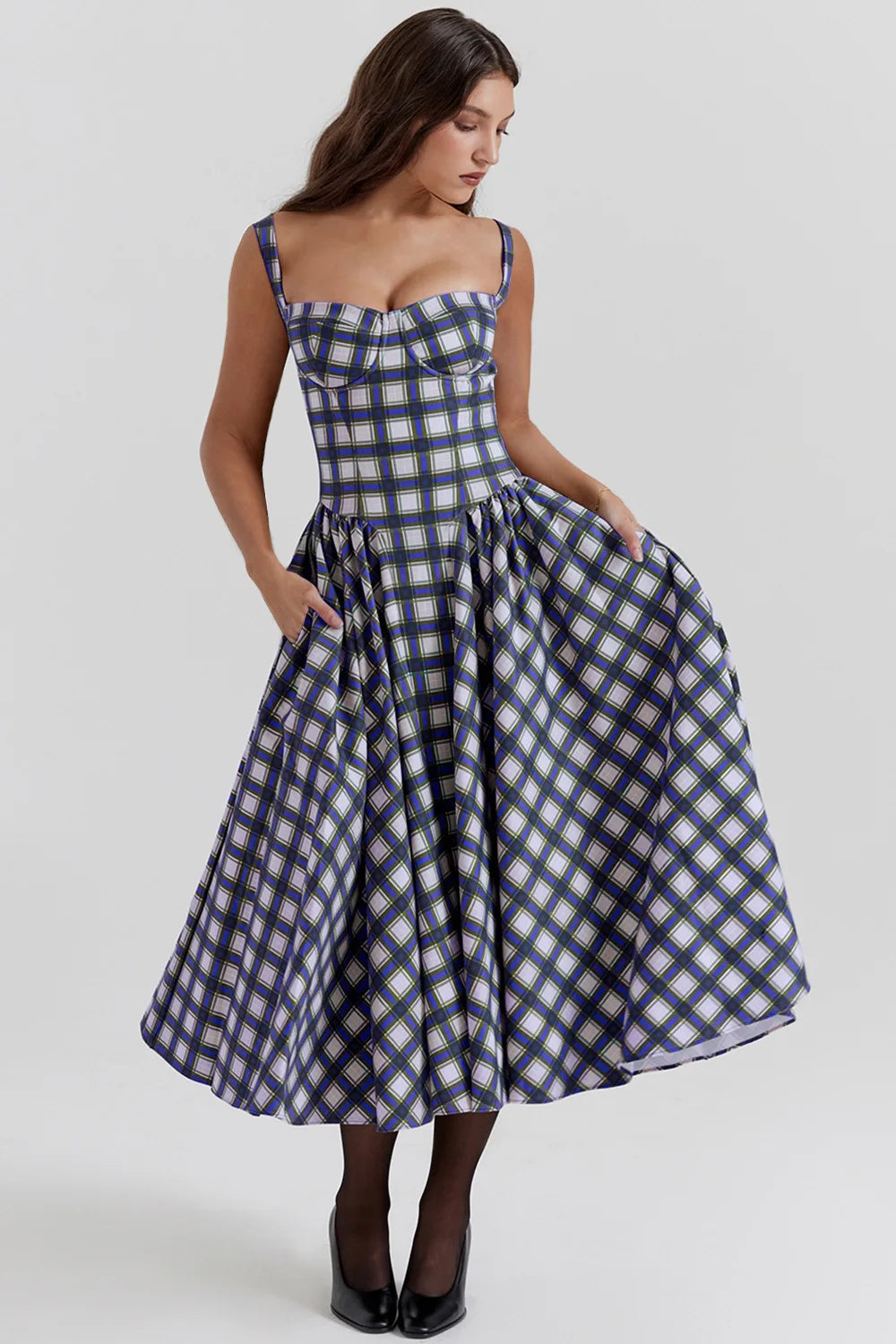 Palace Style Plaid Print A-line Dress Women Spaghetti Strap Spring Summer Dress Elegant Midi Long Party Dresses