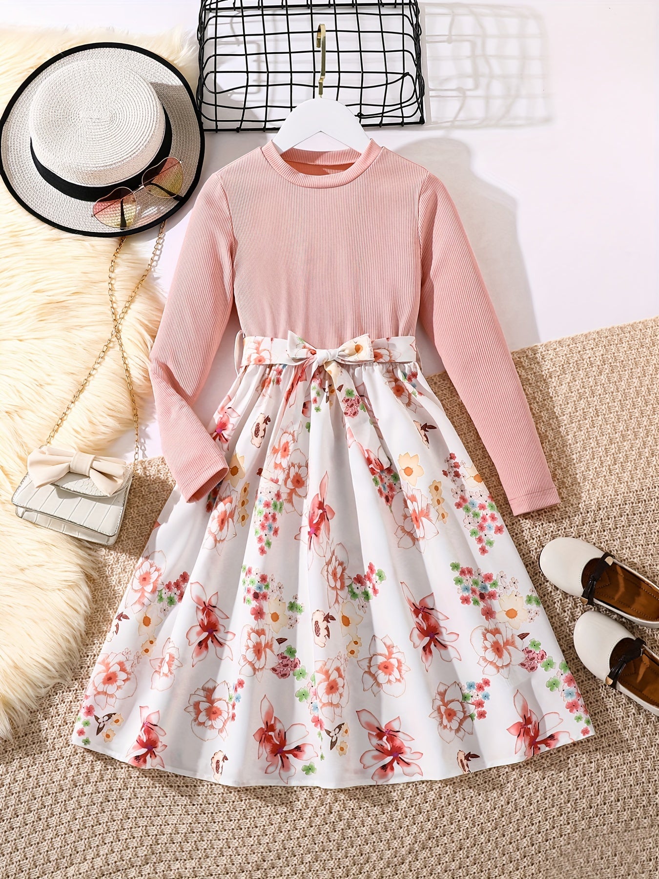 Adorable Floral Belted Dress for Girls - Long Sleeves, Round Neck, Splicing Design, Party-Perfect, Spring Collection, Kids' Clothing