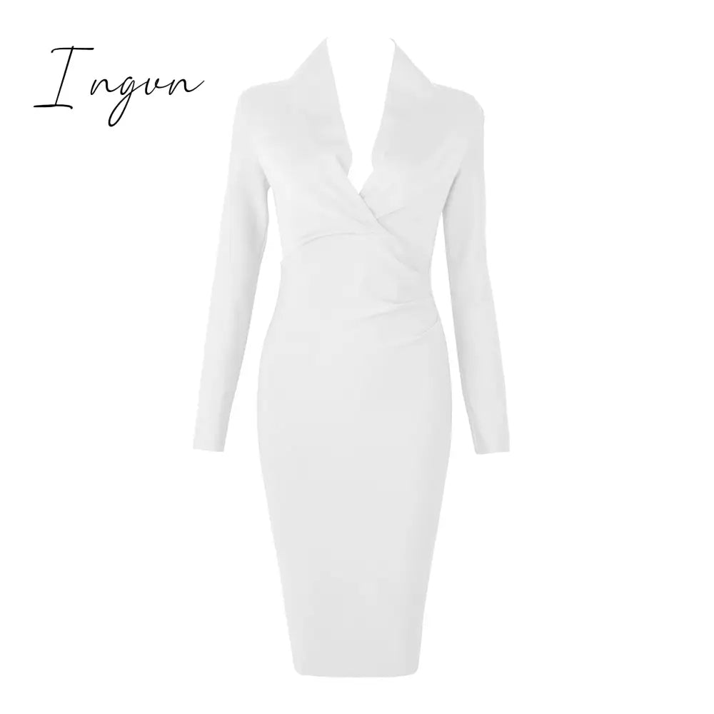 Ingvn - New Summer Deep V Neck Women Bandage Dress Full Sleeves Celebrity Bodycon Dress Sexy Club Vestidos Evening Party Dresses