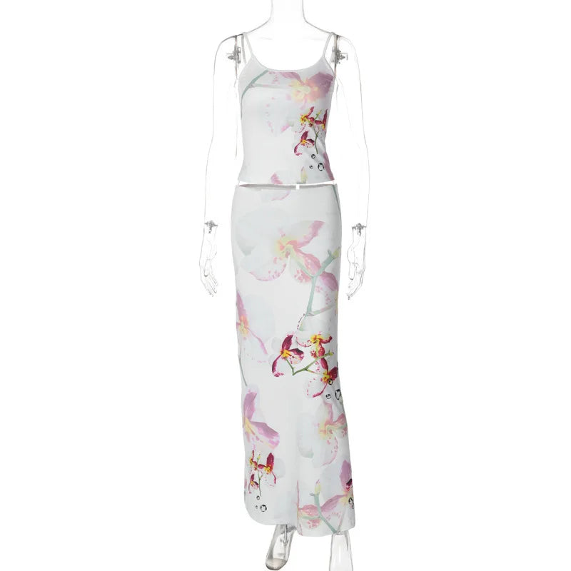 Print Sexy Two Piece Sets Women Fashion Spaghetti Strap Crop Tops And Maxi Skirt Ladies Elegant Printed Sexy Skirt Sets