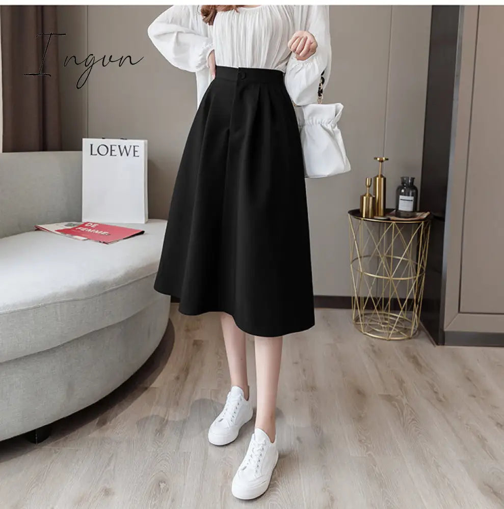 Ingvn - New Spring Summer High Waist Midi Skirt Women Casual Pocket Solid Color Loose A-Line Umbrella Skirt Female Petticoat