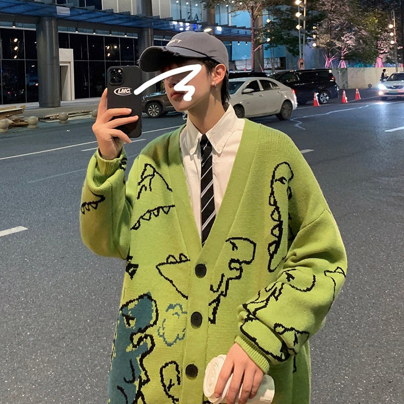 Oversized Cardigan Knitted Sweater Streetwear Loose Male Top Coat Hip Hop Sweater Cartoon Pattern Pullovers
