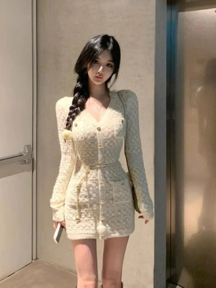 French Elegant Slim Knitted Dress Short Party One Piece Dress Korean Fashion Winter Sexy Bodycon Y2k Mini Dress Woman Chic