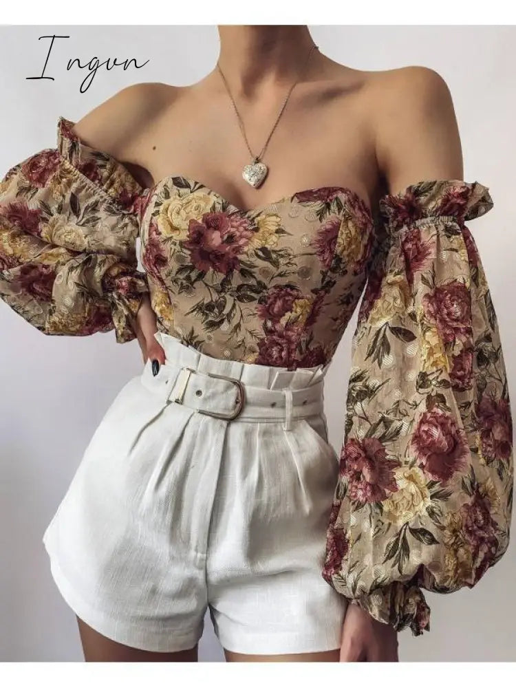 Ingvn - Summer Sexy Off The Shoulder Blous Women Fashion Slash Neck Tube Top Floral Puff Sleeve Blouse Women
