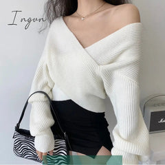 Ingvn - Criss-cross V-neck Knitted Sweater Women Long Sleeve Jumper Femme Sexy Elegant Party Clubwear Pullover Knit Tops Female