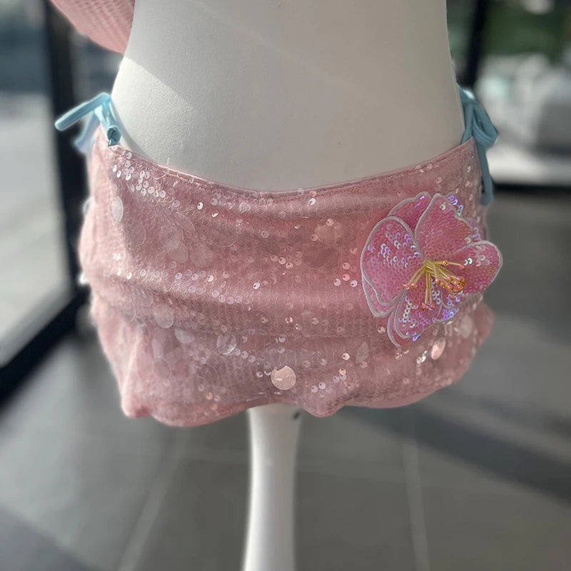 3D Flower Trim Sequin Shine Pencil Skirt Women High Waist Skirt Sexy Club Party Coquette Glitter Sparkle Mini Skirt Streetwear