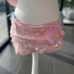 3D Flower Trim Sequin Shine Pencil Skirt Women High Waist Skirt Sexy Club Party Coquette Glitter Sparkle Mini Skirt Streetwear