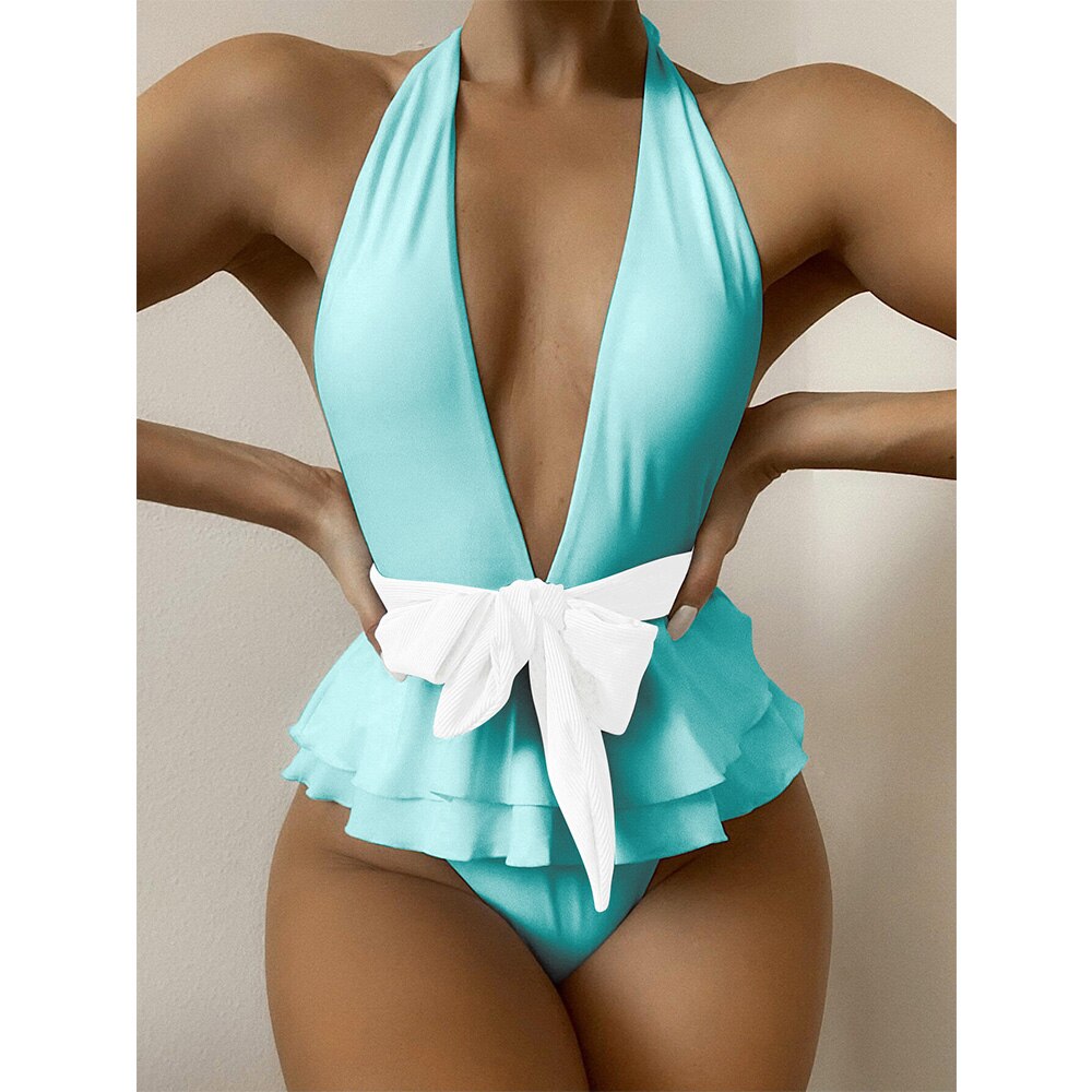 New Sexy One Piece Swimsuit Female Solid Women Swimwear Push Up Bathing Suits Bodysuits Beach wear Deep V-neck Monokini