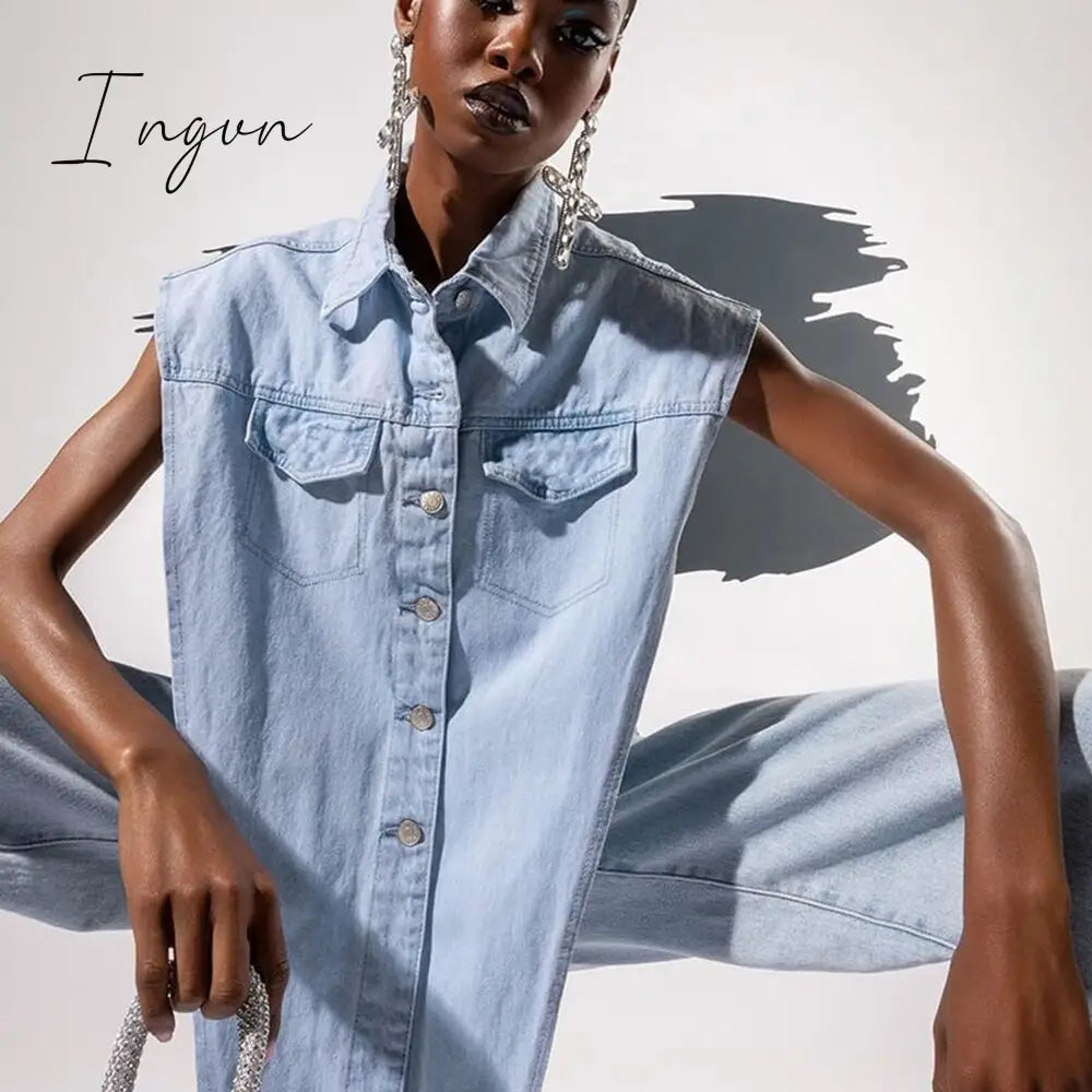 Ingvn - Side Hollow Out Denim Shoulder Length Vest Sexy Irregular Long Tops Shirt Collar Single-Breasted Trend Casual Streetwear