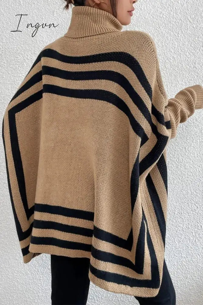 Ingvn - Street Striped Patchwork Pocket Turtleneck Tops