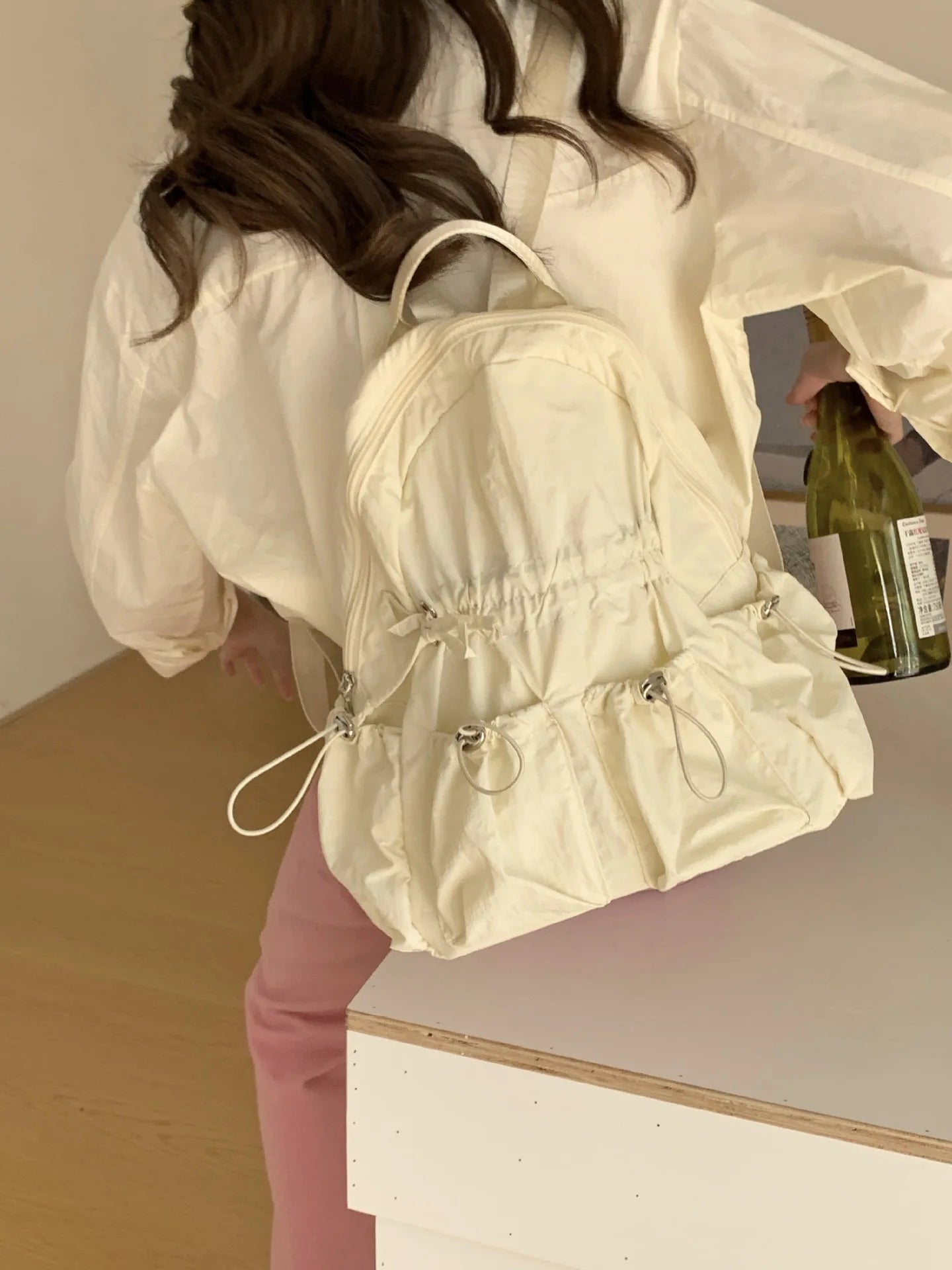 INGVN  Korean Simple Nylon Summer Beach Pleated Women Backpack Students School Girl Backpack Travel Commuter Backpacks for Women