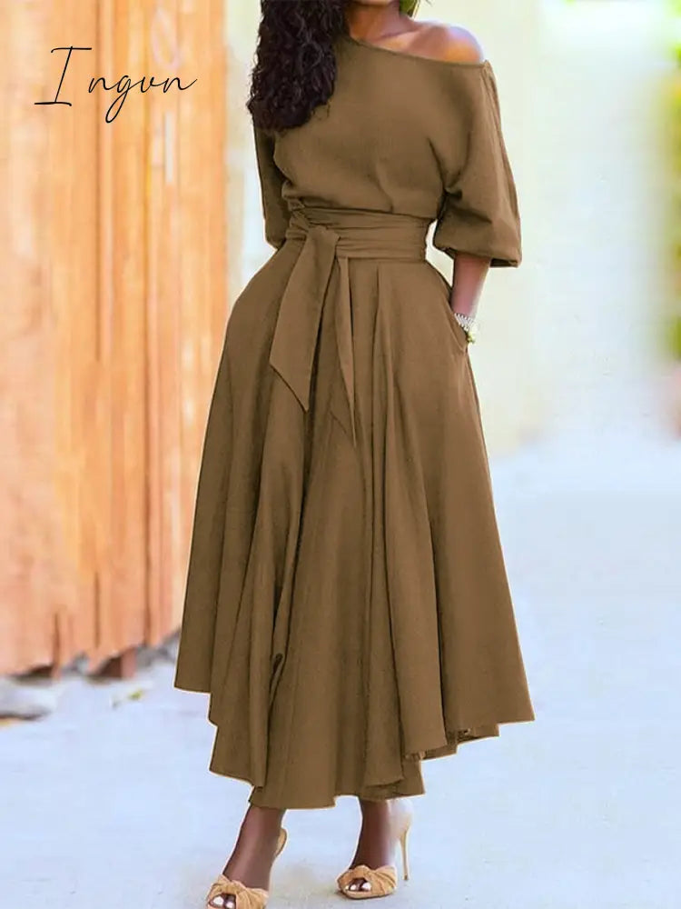 Ingvn - 2023 Spring Elegant Women's Long Formal Dress Black Lace Up Off Shoulder A-line Dresses Female New Occasion Evening Clothes Lady