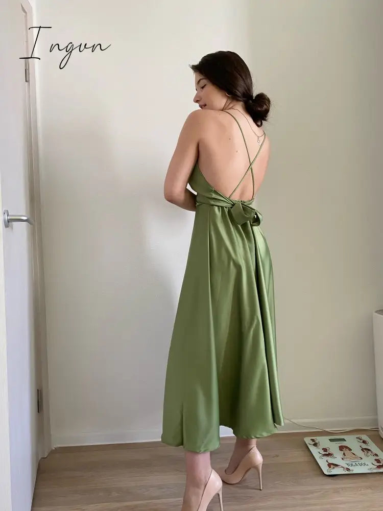 Ingvn - Boho Slim V Neck Summer bandage backless Maxi Long Dress Women Casual spaghetti strap Party Beach Holiday elegant tunic dress