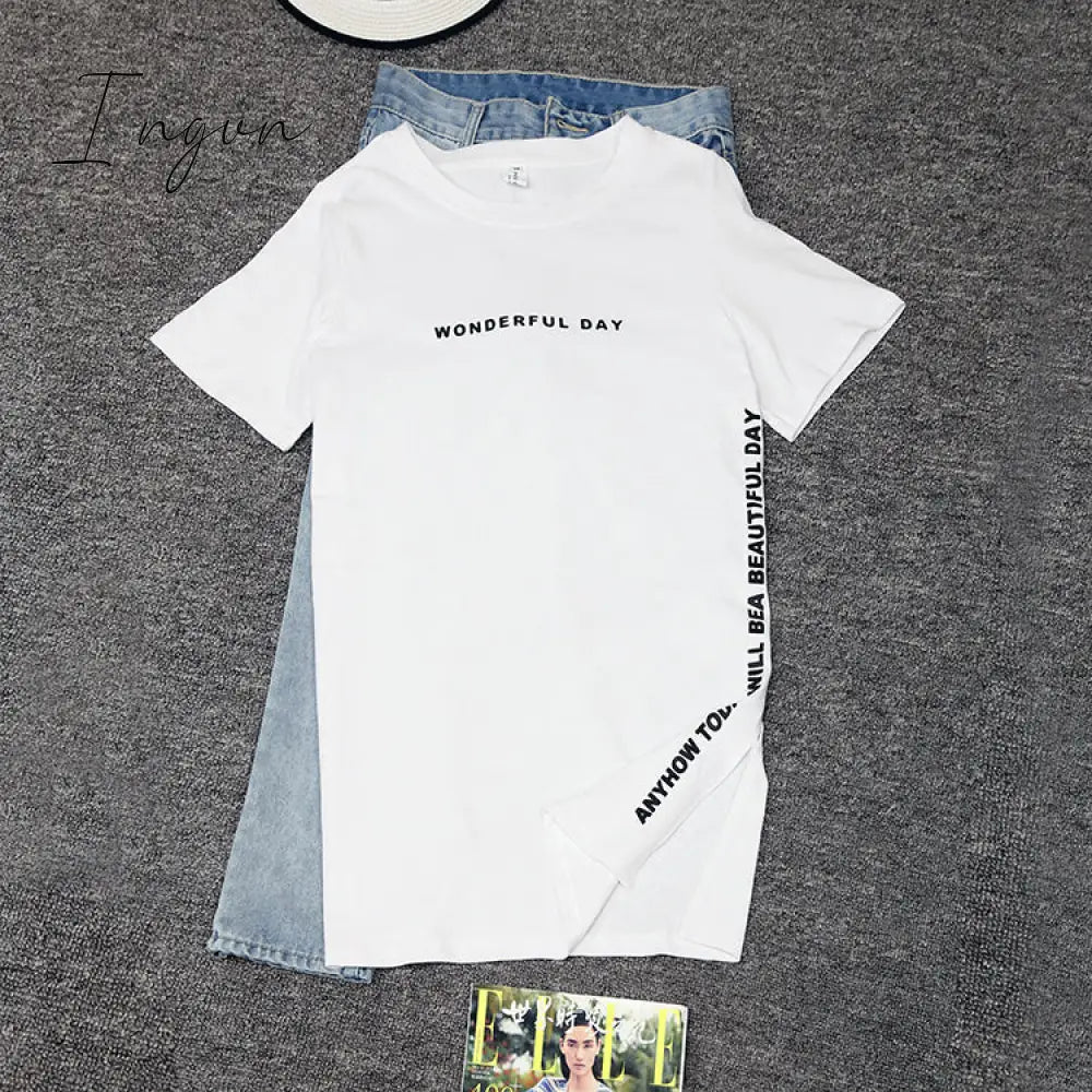 Ingvn - Fashion Trends Plus size Wonderful Day Print Long T shirts Summer Women Loose Slit Femme Tops Cotton Tshirt Short sleeve Ladies t-shirt
