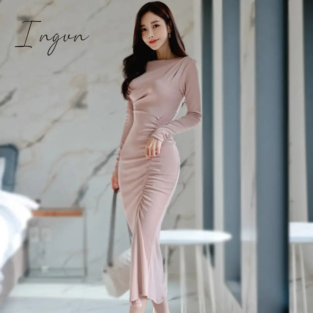 Ingvn - Summer Spring New Elegant Long Sleeve Slim Midi Dress Women Sexy Office Lady Fashion Bodycon Clothing
