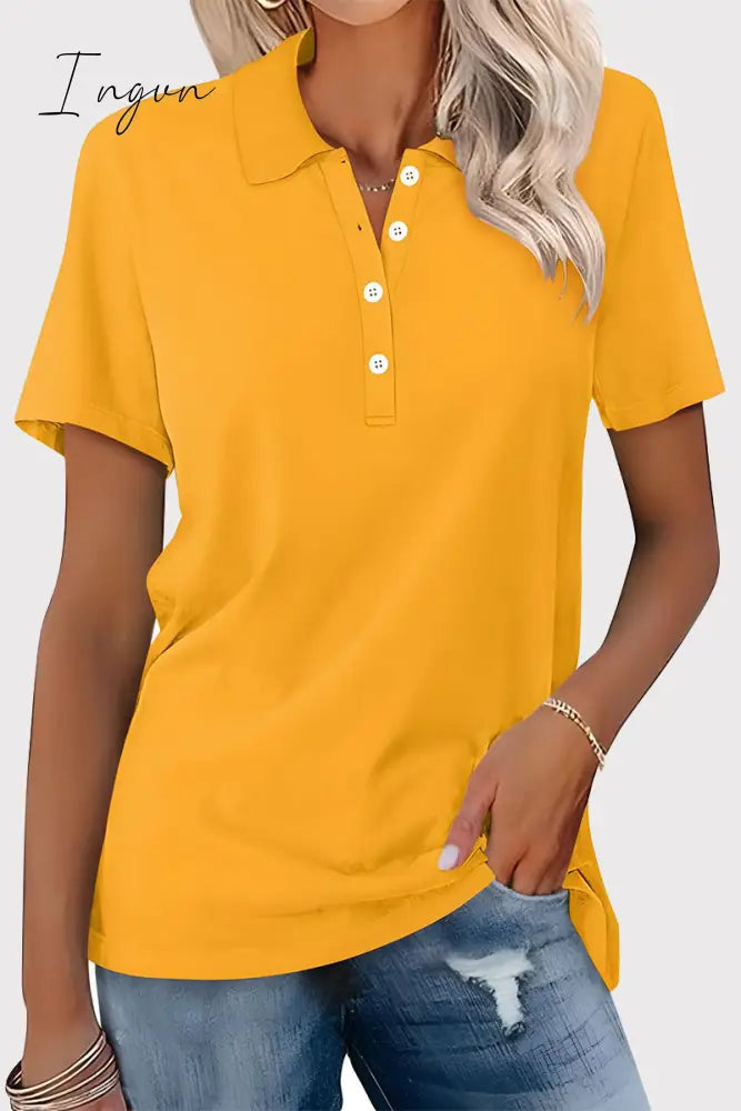 Ingvn - Casual Simplicity Solid Buckle Turndown Collar T-Shirts