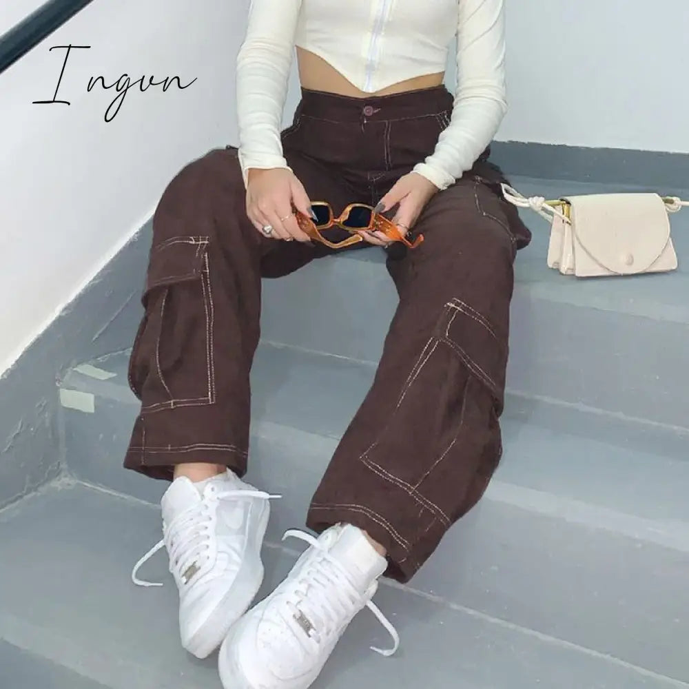 Ingvn - Women Spring Fashion Vintage Brown High Waist Cargo Pants Women Fashion Big Pockets Y2k Patchwork Baggy Jeans Women Harajuku Trousers Streetwear