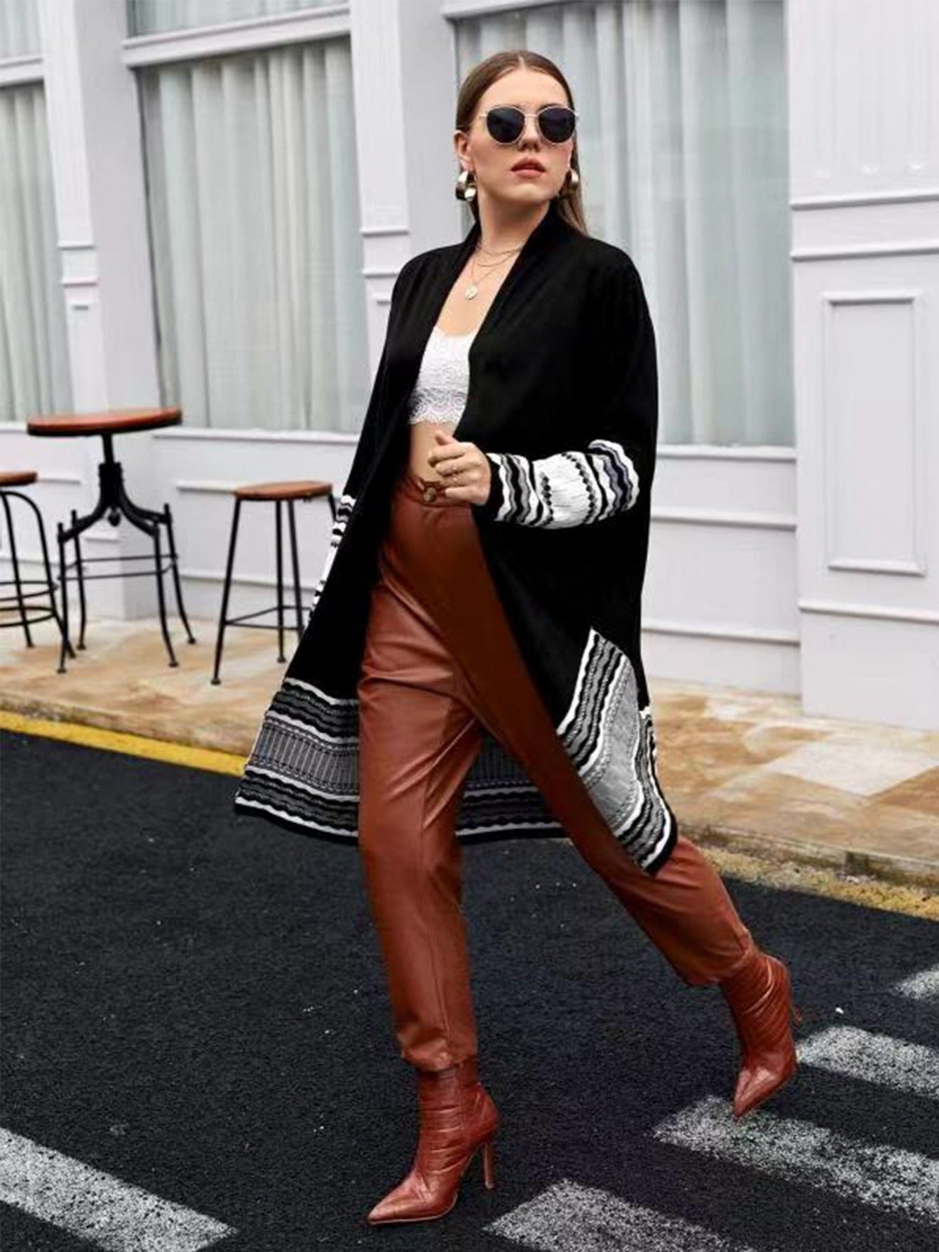Women's Plus Size Long Casual Colorblock Knit High Stretch Sweater Cardigan