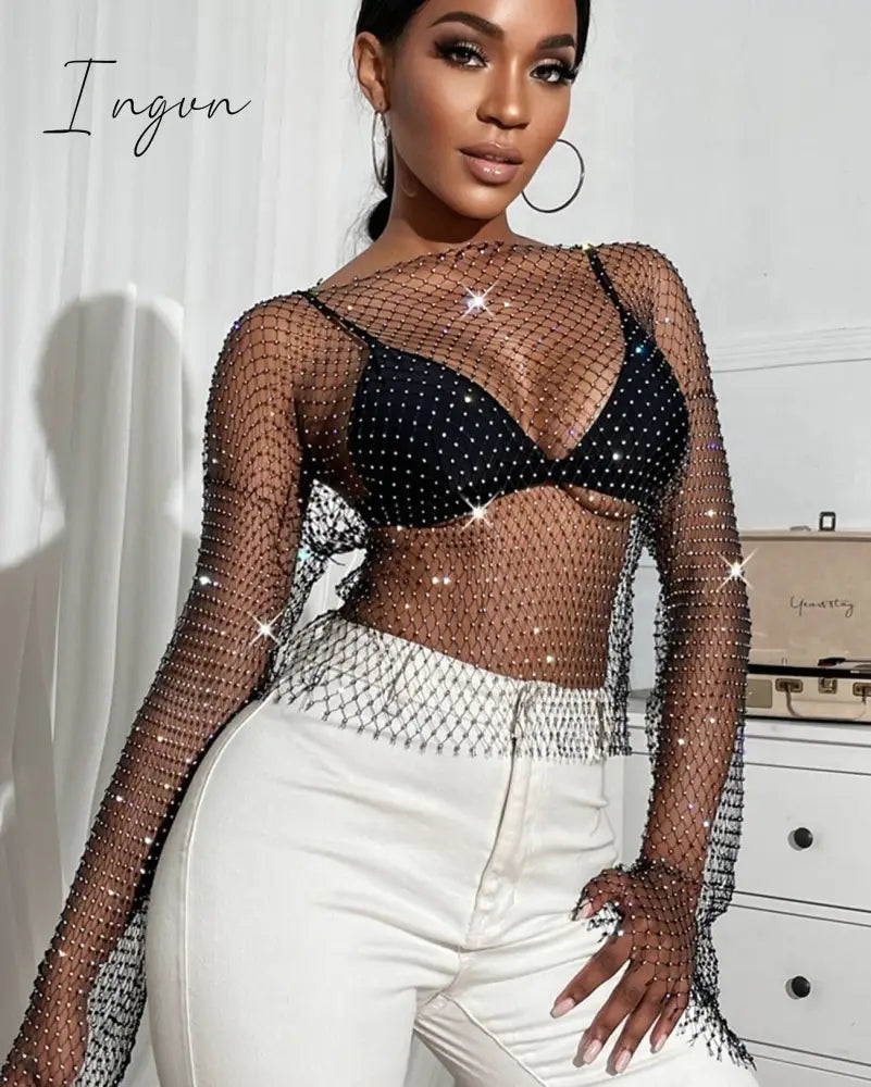 Ingvn - Sexy see through mesh Rhinestone tank top women summer shiny club party crop top long sleeve beach cover up fishnet tops t shirt
