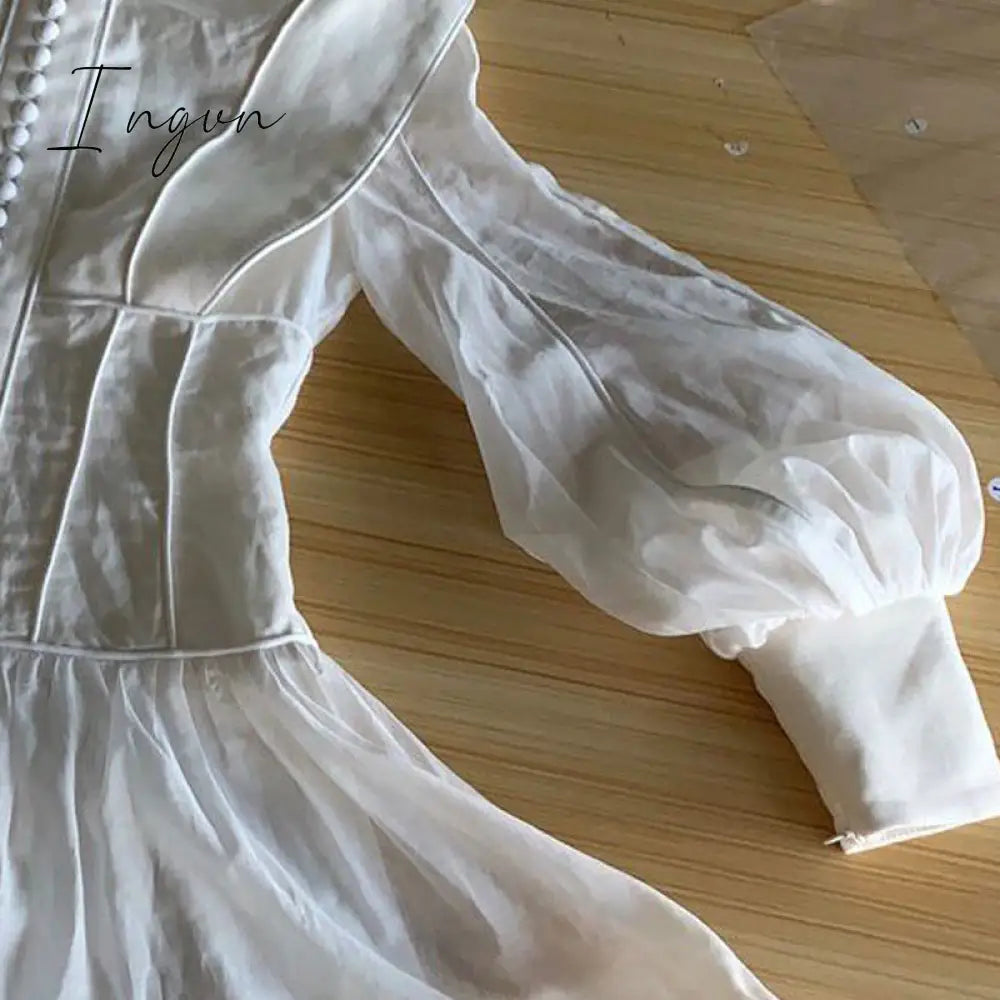 Ingvn - High-end Custom Fashion runway Dresses Stereoscopic cut slender button with bubble sleeves ladies dress