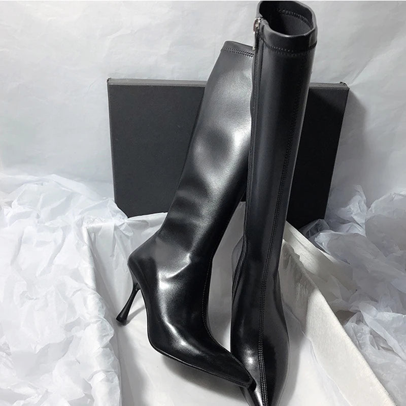 New Style Thin High Heel Women Boots Pointed Toe Women's High Tube Long Boots Zip Boots Mujer Solid Color Sexy Botas Mujer