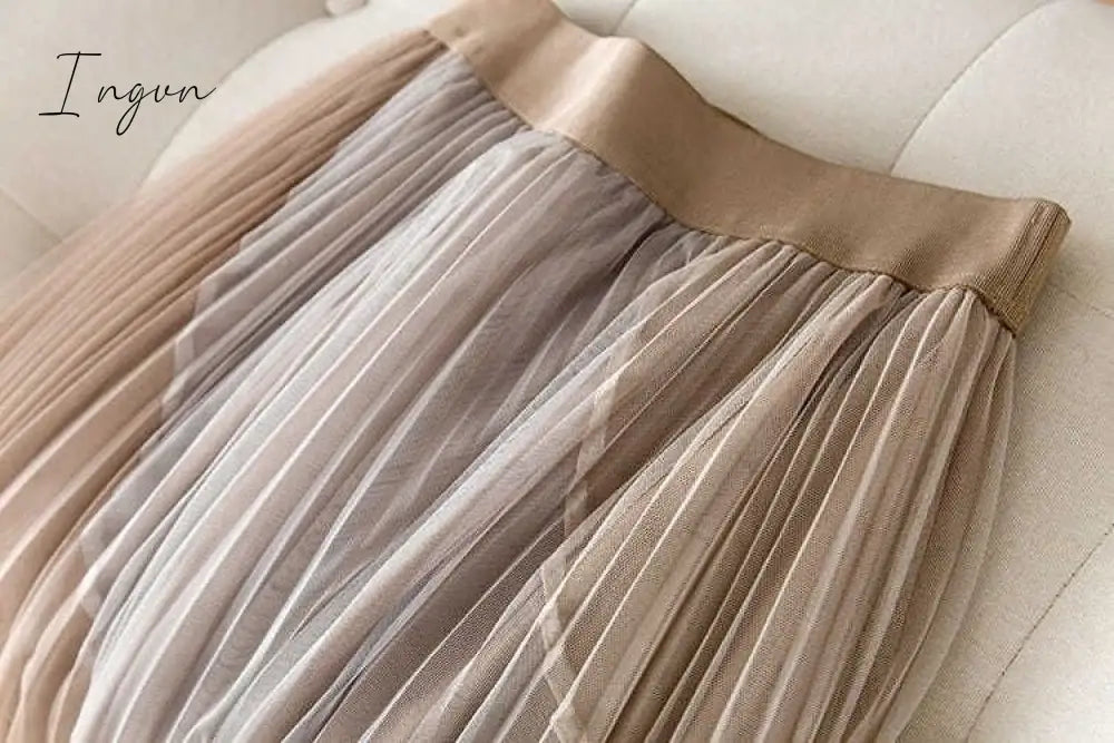 Ingvn - Gauze Patchwork Pleated Midi Skirts Spring Summer New Fashion Streetwear Casual Elastic High-waisted Women's Skirt