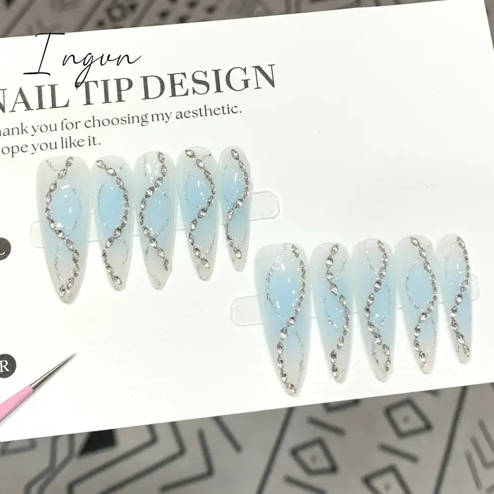 10Pcs Handmade Nails Set Press on Long Almond False Nail with Rhinestone Pink Camellia Design Reusable Full Cover Fake Nail Tips